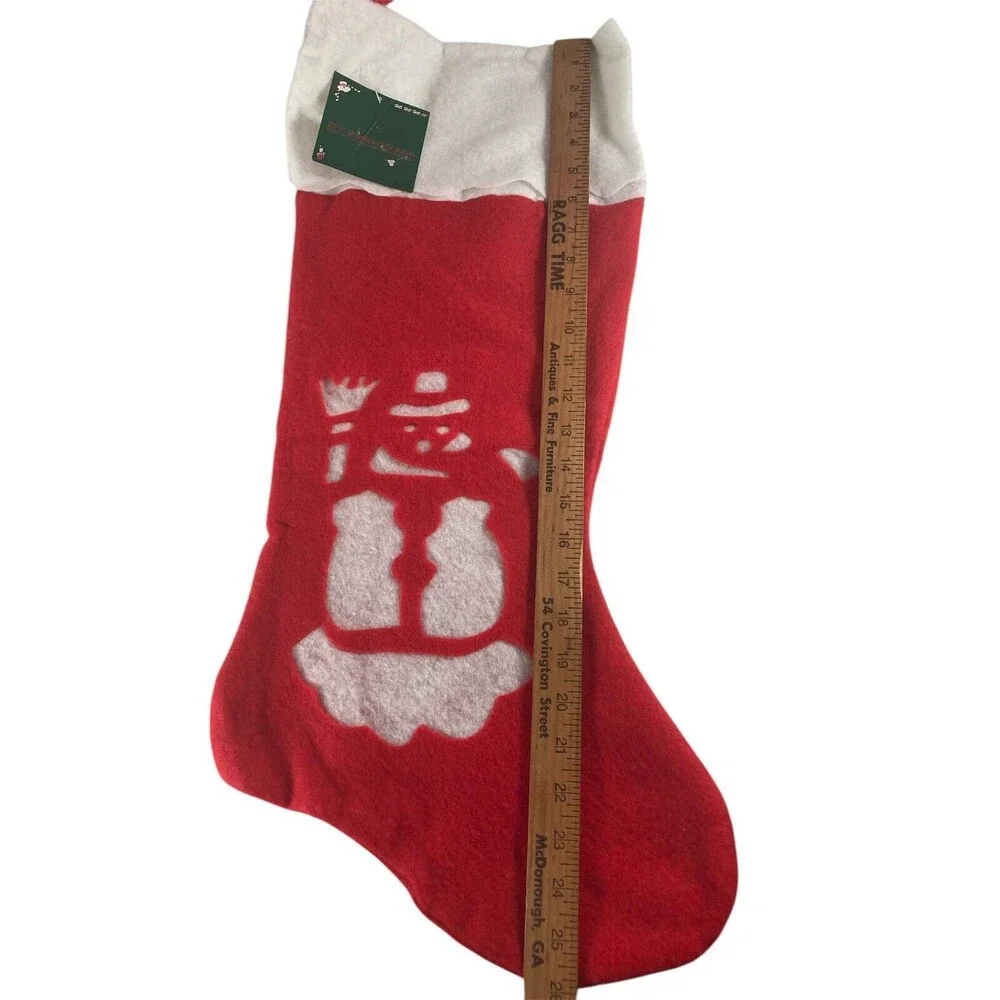 Vintage Large Red Felt Stockings 25.5” Set Of 3 Snowman Trees With Tags NOS